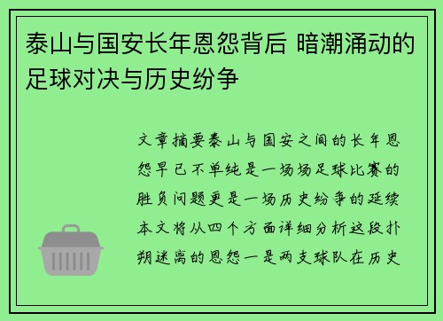 泰山与国安长年恩怨背后 暗潮涌动的足球对决与历史纷争